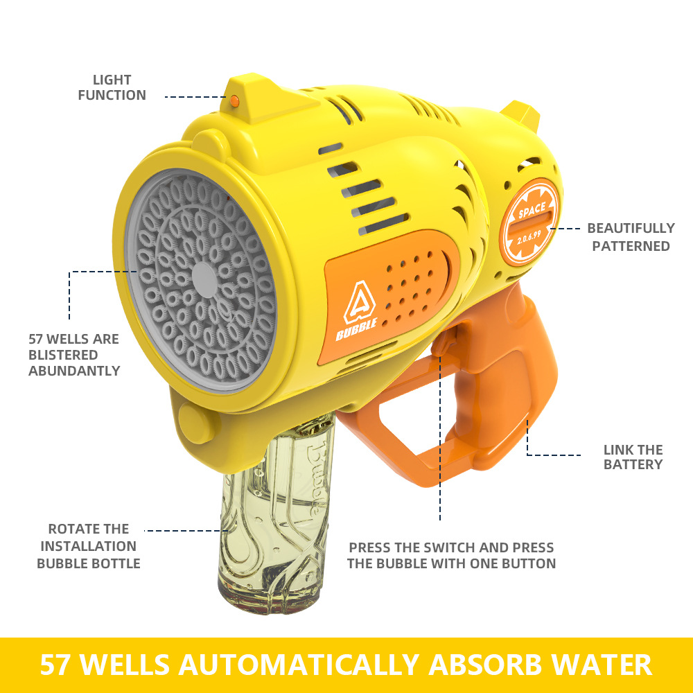 Transfronteriza nueva pistola de burbujas de 57 hoyos de mano Gatlin burbuja máquina automática de alimentación de agua porosa burbuja soplando juguete al por mayor