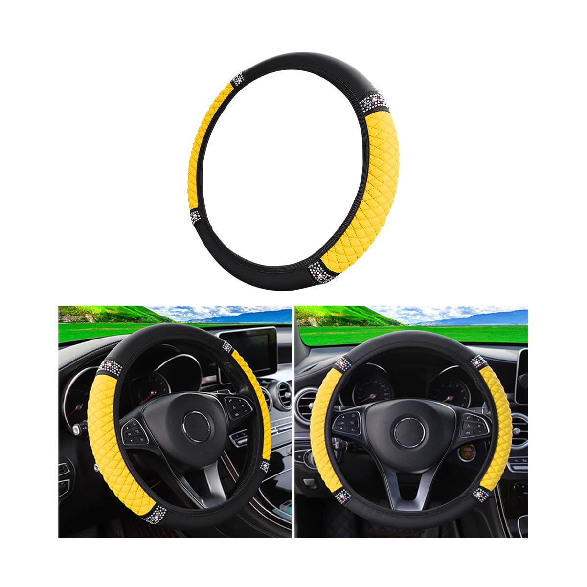 Factory Direct Sales Cross-Border Colorful Rhinestone Car Steering Wheel Cover, Leather Three-Dimensional Interior Handle Cover Without Inner Ring