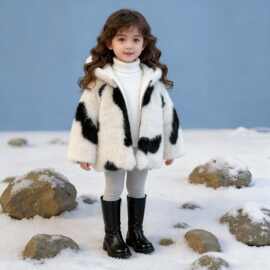 25新款撞色奶牛色加厚皮草棉衣女童冬上新洋气卡通高级感毛毛棉衣