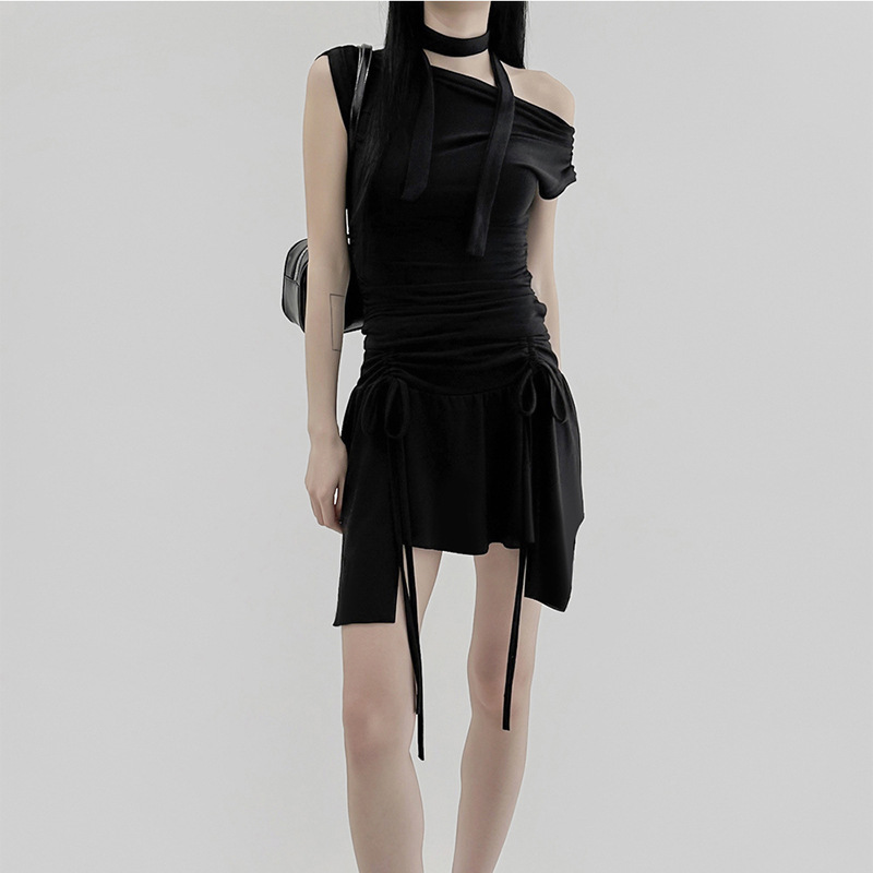 Sexy Drawstring Lace Pleated Waist Tight Slimming Irregular Asymmetric Dress Multiple Wear off the Shoulder Slim Fit