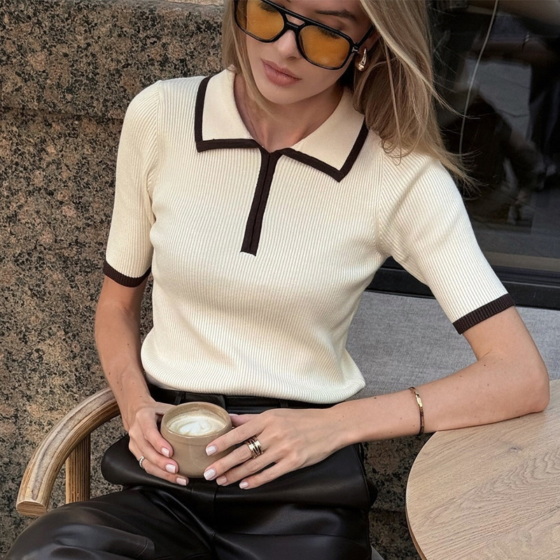 European and American summer ribbed top Polo collar color matching half sleeve slim fit pullover sweater cross-border foreign trade women's short sleeve
