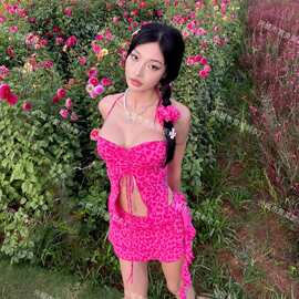 新款玫红色豹纹比基尼三件套性感沙滩bikini温泉度假泳衣女+发圈