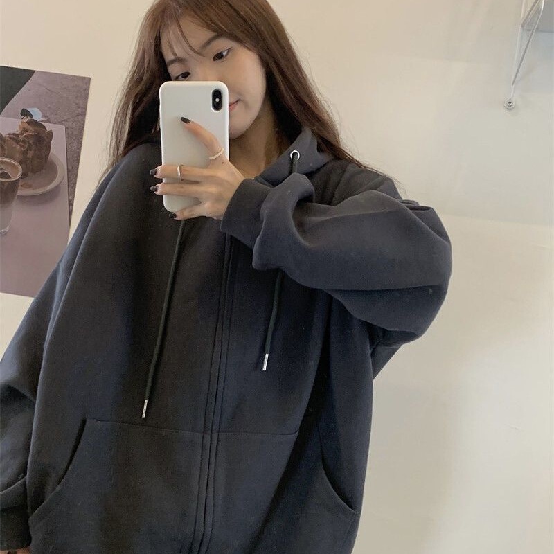 Jacket Autumn and Winter Outer Wear Lazy Style Hooded Long-Sleeved Sweatshirt Women's Thin Oversize Cardigan Zipper Ins Top