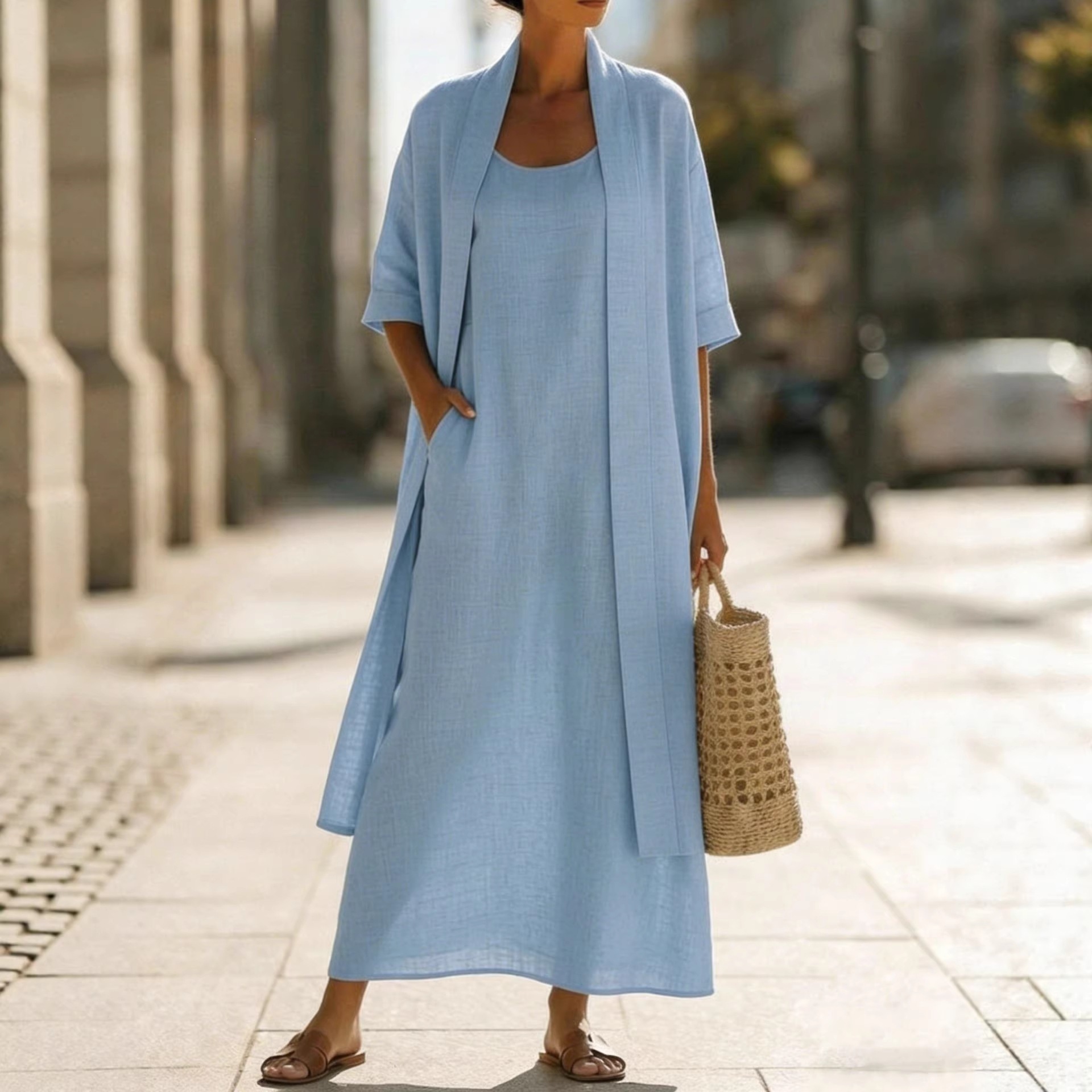 Women's Clothing Women's Simple Loose Comfortable Stylish Cotton Linen Two Piece Dress Early Summer Perfect Clothing_ecoleips.com