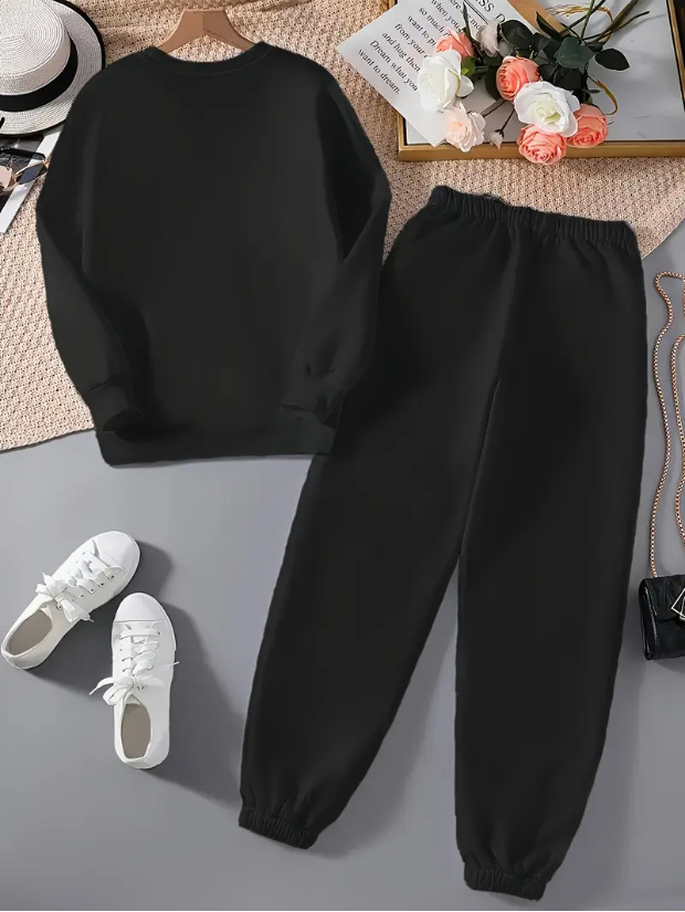 Ensemble deux pièces décontracté pour femme, mode hiver, avec doublure polaire, sweat-shirt épais à imprimé lettres et pantalon de jogging pour femme et homme - Noir_voghion.com