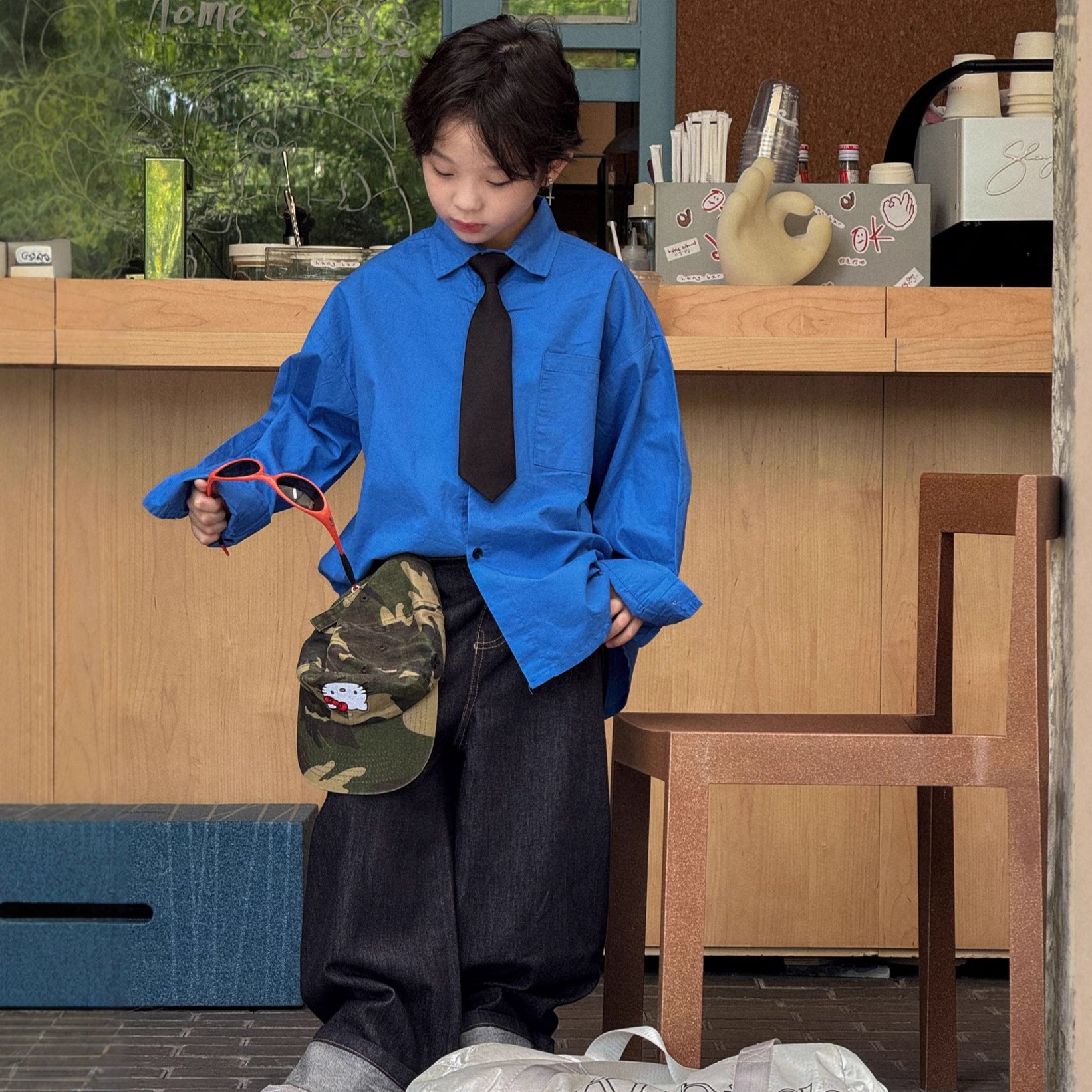 蓝钰25秋新品韩国童装中小童男童复古深蓝水洗棉宽松领带衬衫上衣