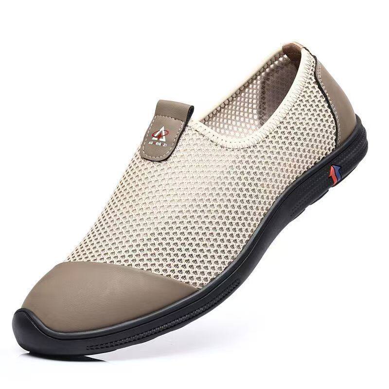 Giày sandal nam lười đế bằng, mũi tròn, thân lưới thoáng khí, phong cách casual — Màu kaki, màu đen