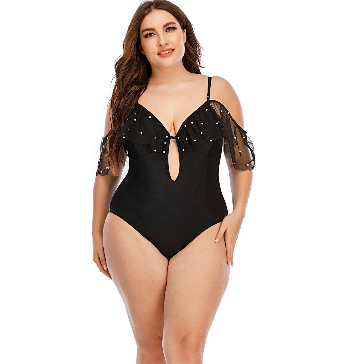 plus size sling low-cut backless hollow polka dots mesh one-piece swimsuit NSJHD125124