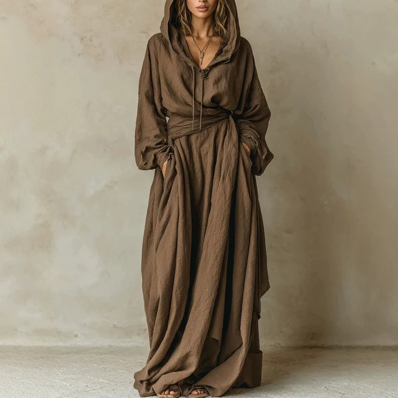2026 European and American cross-border new women's retro brown faux linen V-neck hooded tie-waist long dress