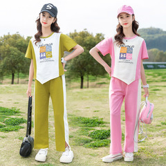 2024年運動女中大童套裝運動兩件套雙色可選卡通針織T恤一件代發