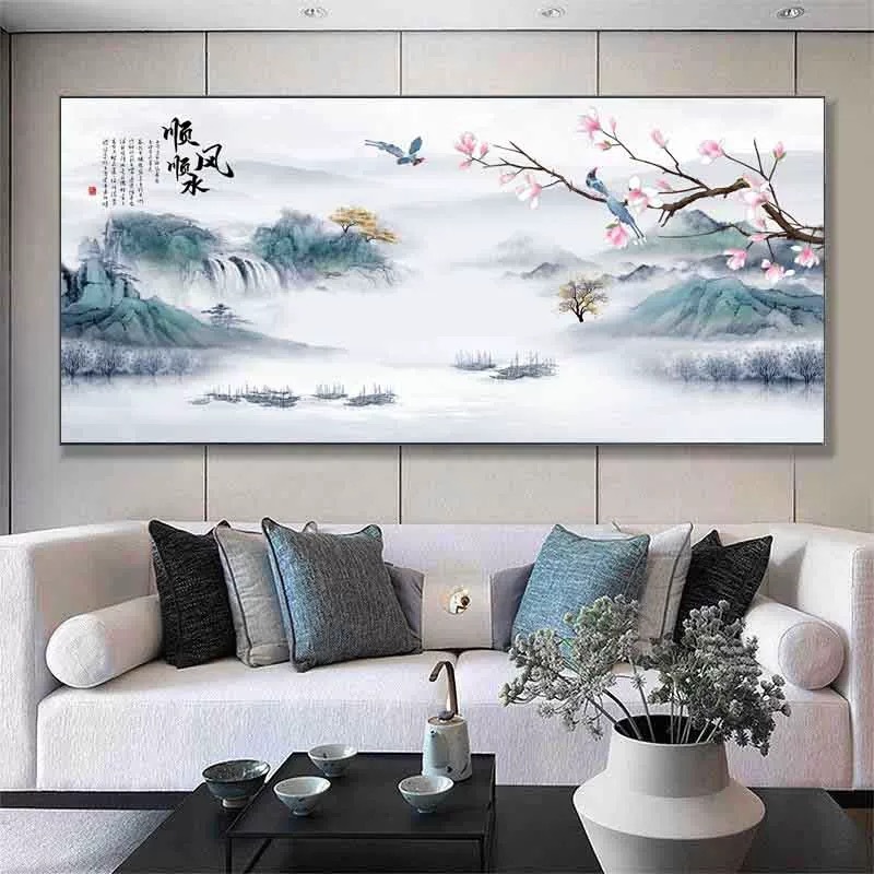 迎客松の絵画、リビングルームの高級感、ソファの背景の壁の装飾画、オフィスの山水風景壁画、背もたれの絵画|undefined