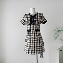 S9549法式英伦优雅修身奢牌千鸟格蝴蝶结羊毛连衣裙秋季新款短袖