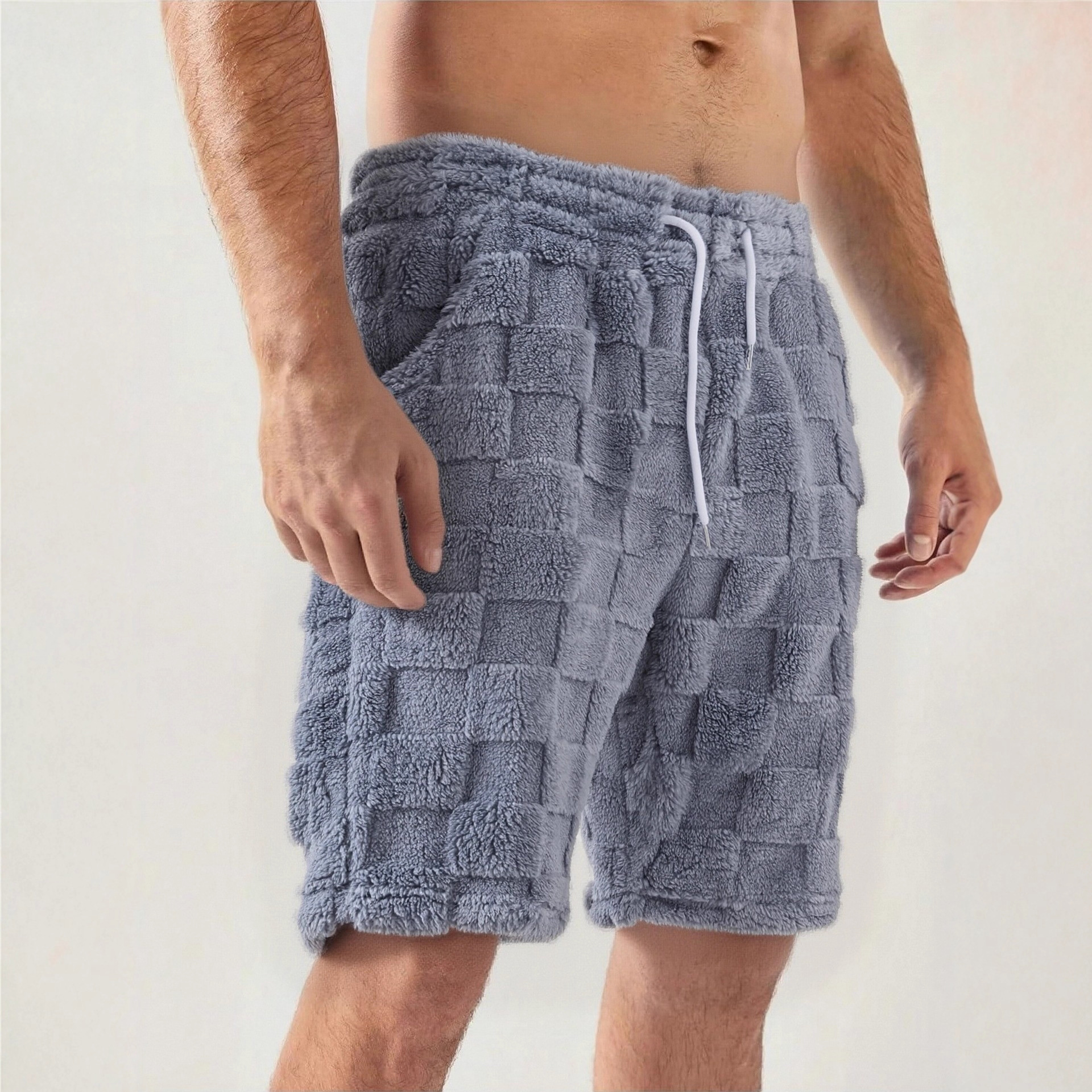 Cross-Border European and American New Style Straight-Leg Furry Checkered Personalized Warm Sports Casual Outerwear Men's Shorts in Stock