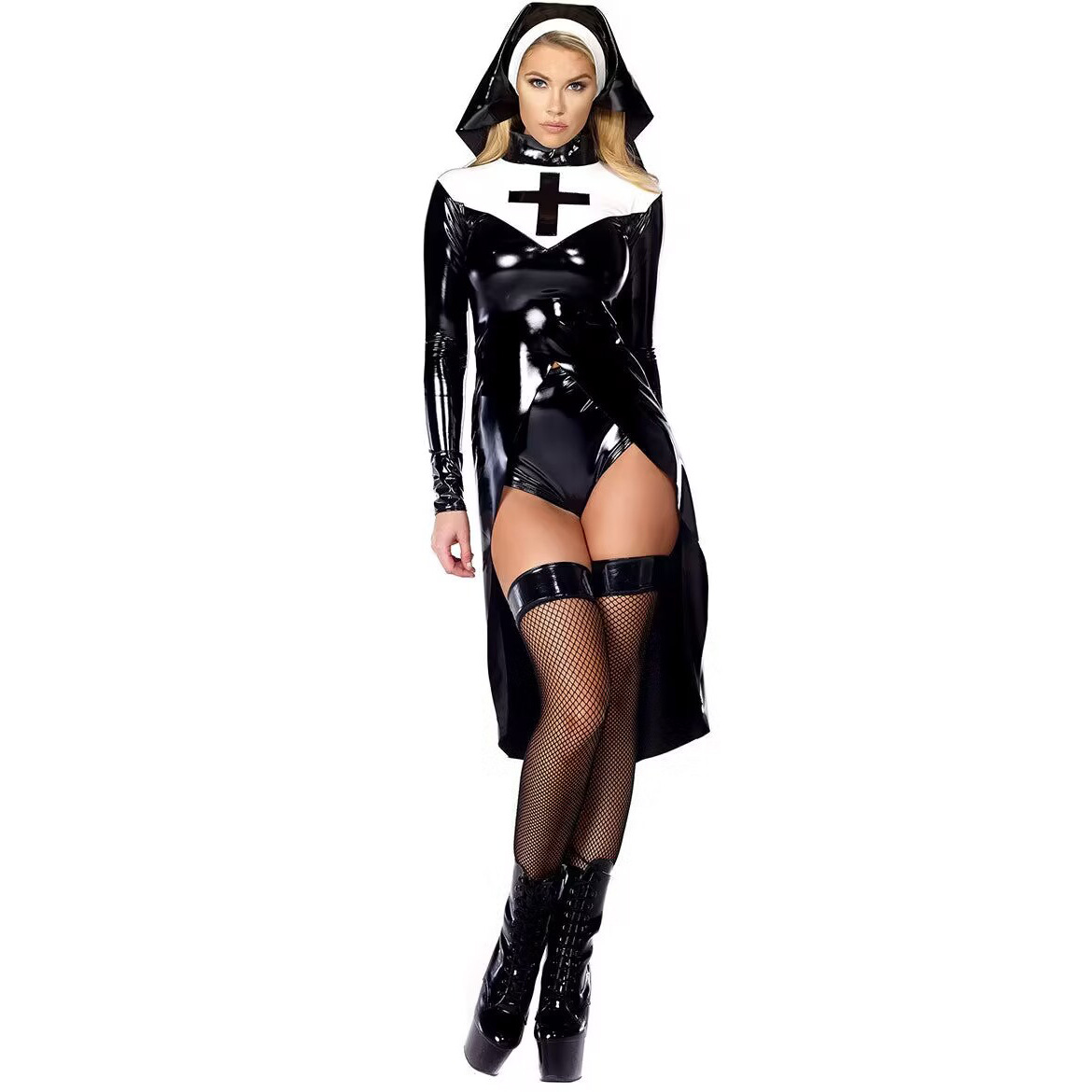 thumbnail image 1 of Disfraces de Halloween 2024 S-XXL Disfraz de monja de cuero de Halloween Disfraz de monja punk de cuero de PU Disfraz de monja Uniforme COS, 1 of 5