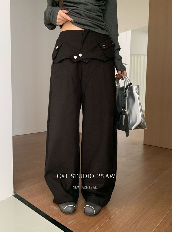 CXI 黑色西装裤女秋季新款显瘦直筒裤修身阔腿裤小个子休闲拖地裤|undefined