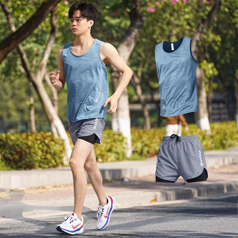 Ropa de fitness para hombres maratón atletismo chaleco deportivo running set entrenamiento de verano hielo equipo de secado rápido
