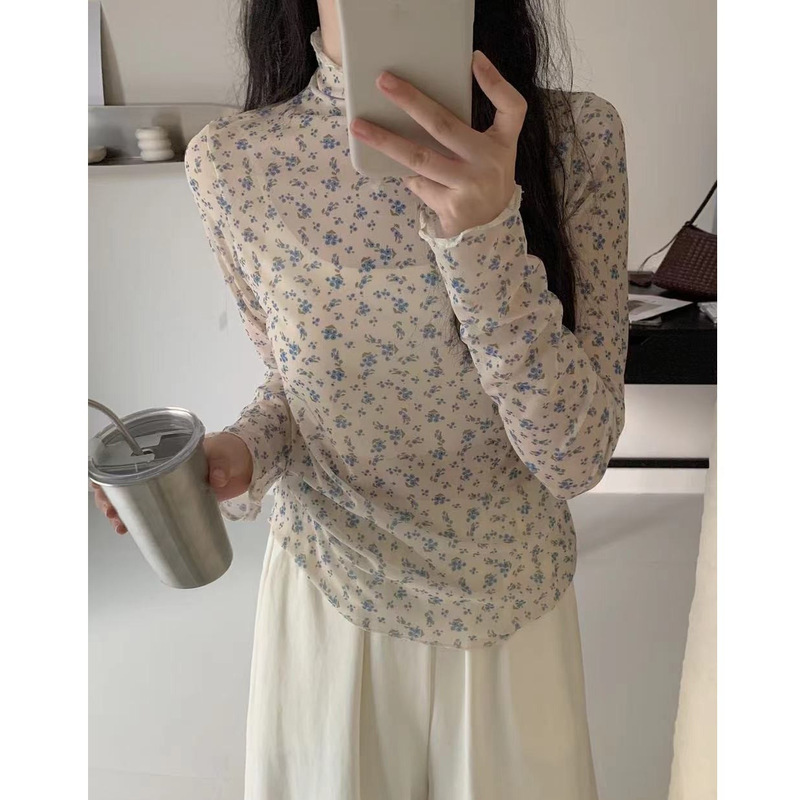 Simple Korean Style Layered Floral Inner Lace Shirt Casual Slimming Versatile Bottoming Shirt Top Apricot Color