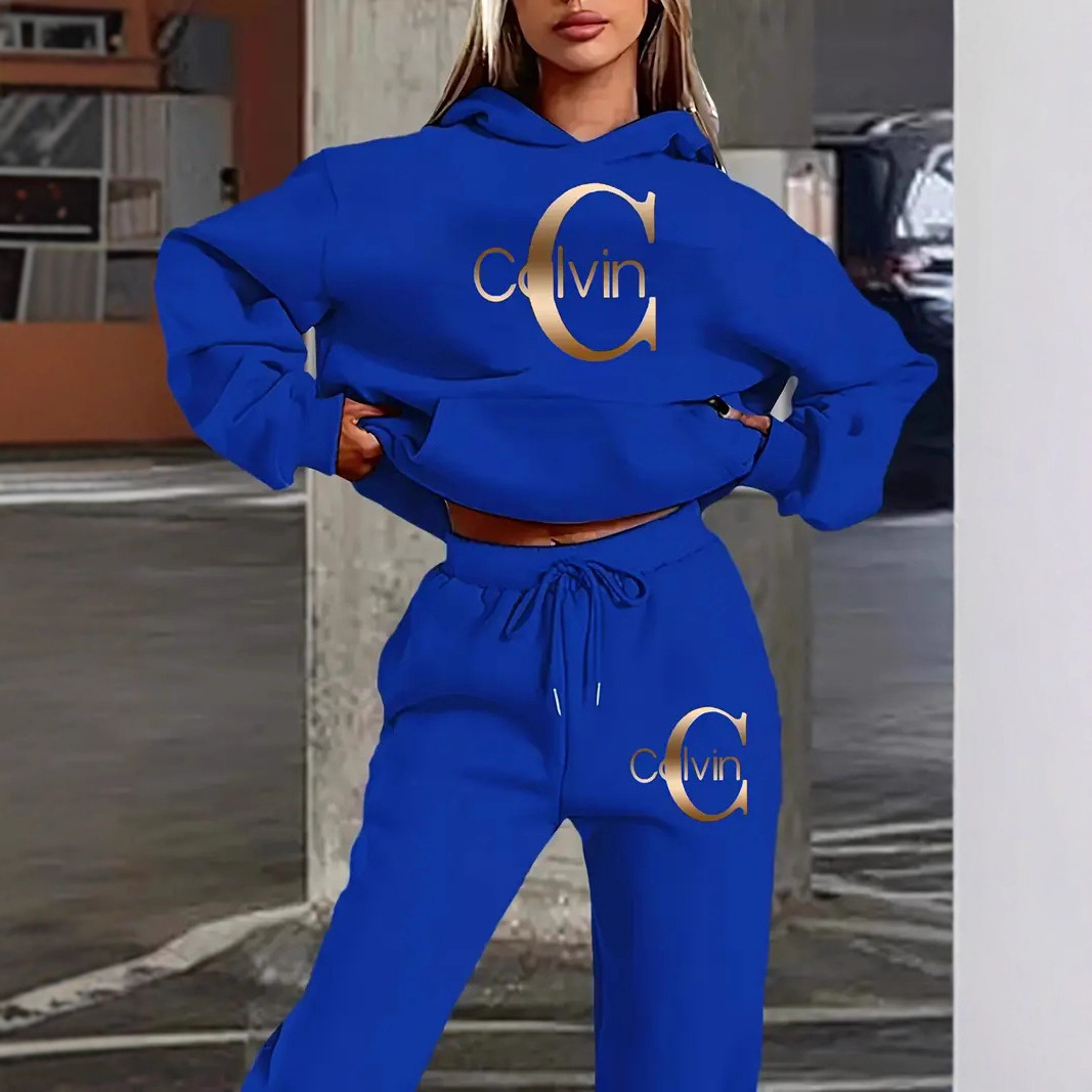 Women's Casual Fashion Set 2-Piece, Long-Sleeved Hooded Autumn and Winter Fleece-Lined Thickeneded Sweatshirt A20 Printing