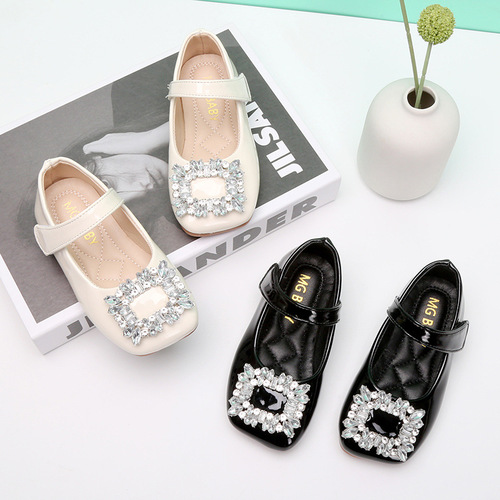 Korean style metal square buckle girls princess shoes rhinestone shallow mouth single shoes Velcro children's leather shoes spring children's shoes