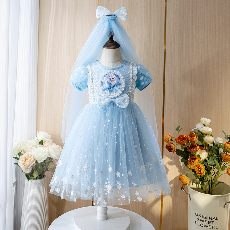 Free Veil Pure Cotton Frozen Elsa Princess Dress Girls Summer Mesh Skirt Kidsren's Short-Sleeved Dress