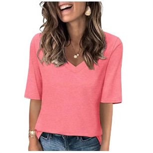 2024 European and American Women's V-neck Slim-fit Short-sleeved Solid Color Base Shirt 5-point Half-sleeved T-shirt 3D Printed Top Round Neck Shirt