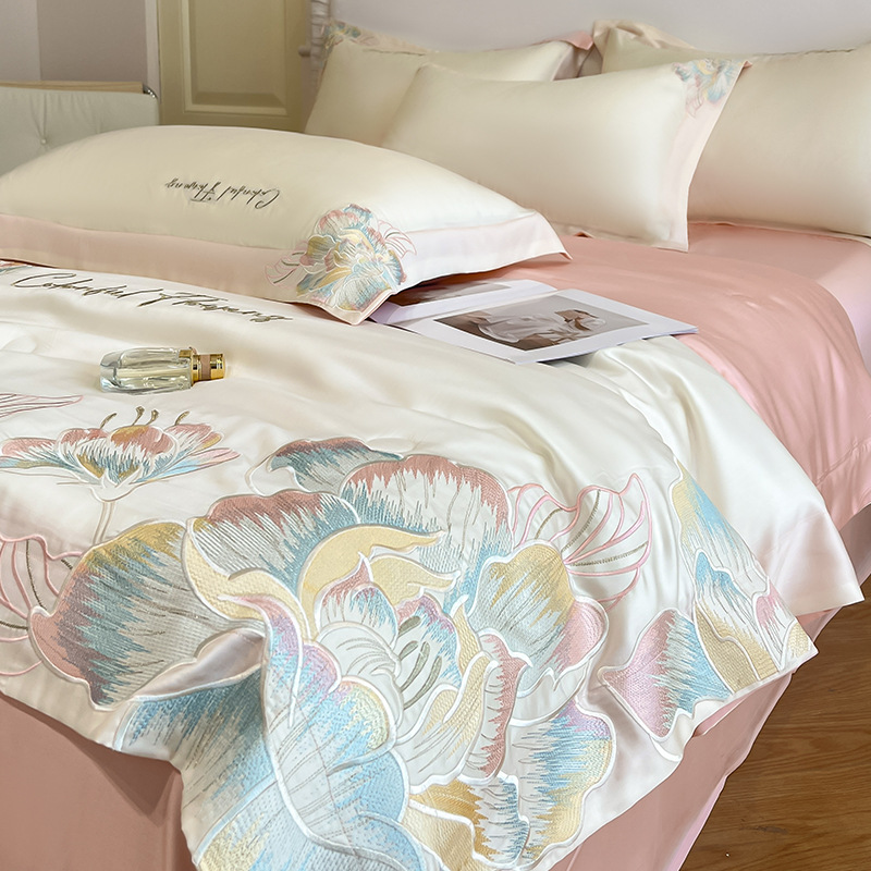 Edredón fresco de verano, ropa de cama de cuatro piezas, seda de hielo, sueño desnudo, lujo ligero, edredón de alta calidad, sábanas, juego de tres piezas 4