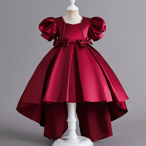 Children's Dress  New Style Flower Girl High-End Satin Tail Dress for Young Children Fashion Show Host Evening Dress Summer