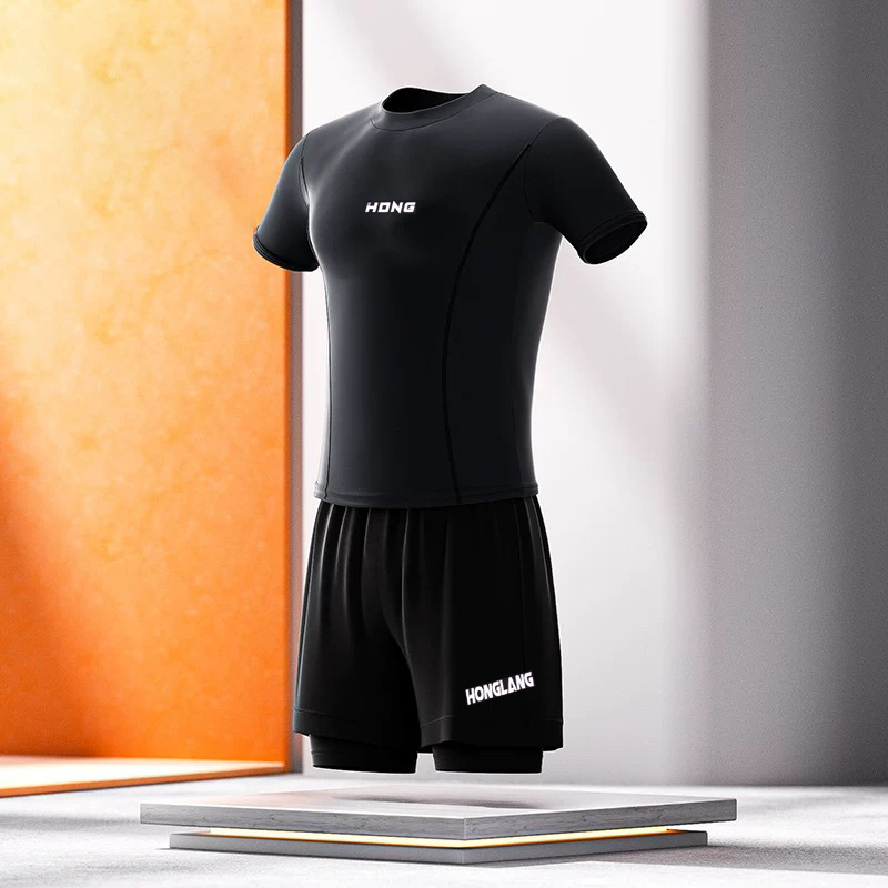 Men's Two-Piece Swimsuit Set, Short-Sleeved, Two-Layer Swim Trunks, Quick-Drying, Sun-Protective Surfing Suit, Hot Spring Swimming Gear
