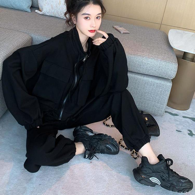 灰色时尚休闲工装套装女2025秋季新款韩版宽松短外套阔腿裤两件套|undefined