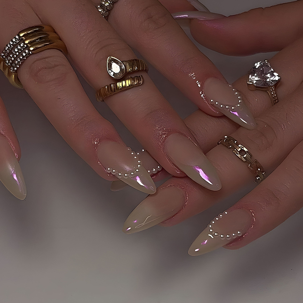 Ventas transfronterizas de color desnudo gradiente de manicura elegante francesa desgaste de uñas ligeras de lujo parche de uñas de diamantes