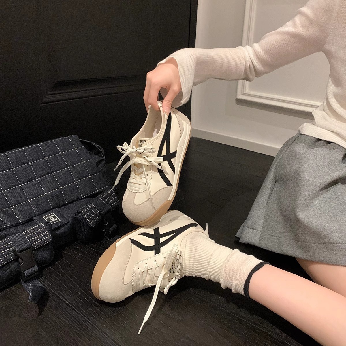 Imagen original de Gris del hermano Wen ~ Zapatos de entrenamiento de Forrest de plataforma aumentada, zapatos feos y lindos para mujer, zapatos blancos, zapatillas de deporte casuales