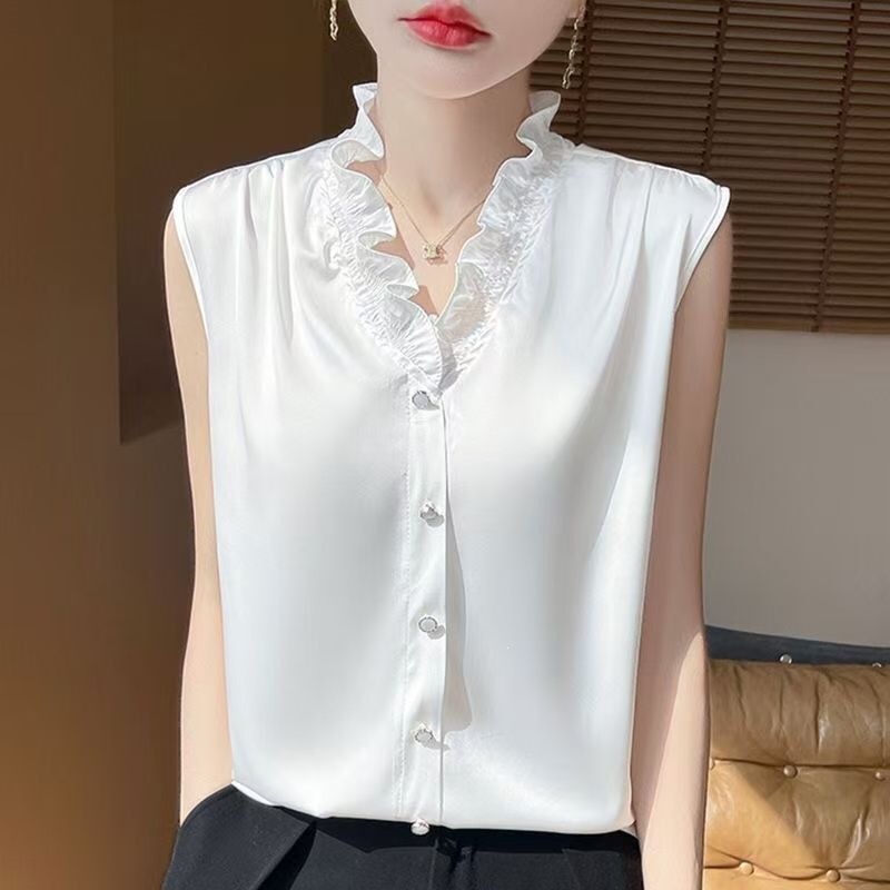 Elegant White Lace-Trimmed Satin Sleeveless Tank Top with Ruffled Collar, Sleeveless Base Shirt, Stand-Up Collar Blouse for Women