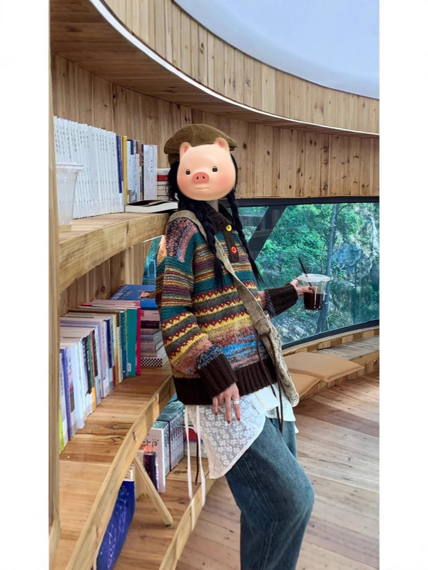 秋冬季新款美拉德穿搭彩色条纹慵懒风翻领毛衣开衫女针织外套|undefined