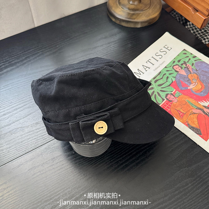 侧边蝴蝶结纽扣装饰时髦复古平顶春秋个性高级感百搭马术帽报童帽|undefined
