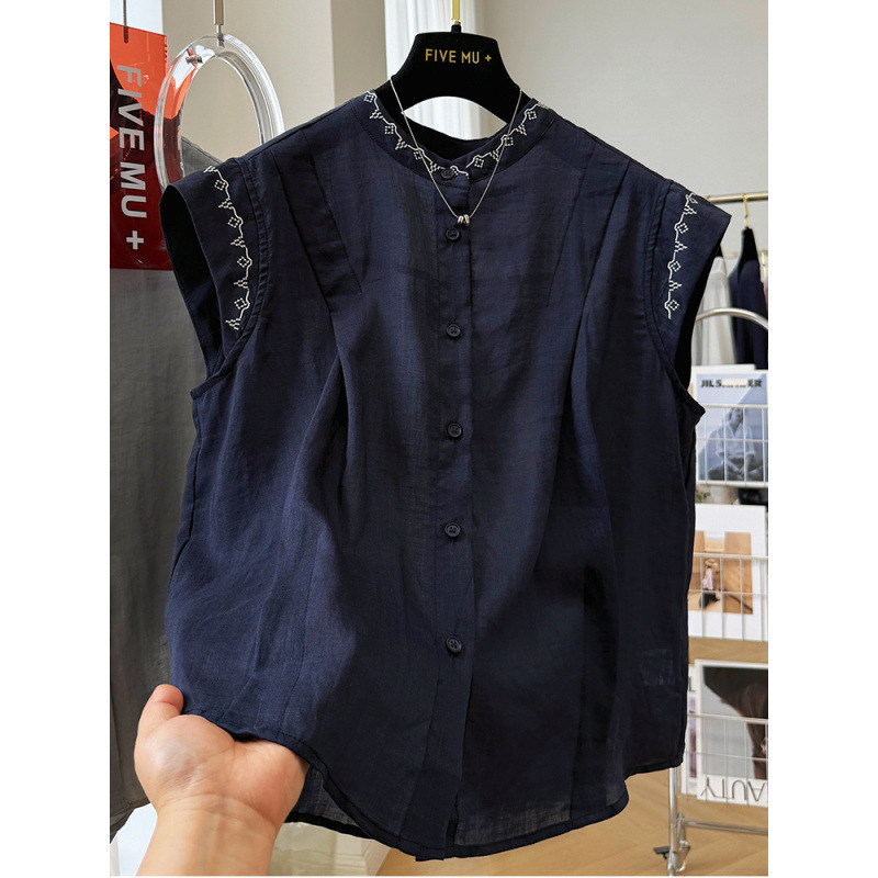 夏用の女性用のハイエンドでユニークで美しいノースリーブシャツ、頑丈な刺繍入りアウターベスト、コットンとリネンの気質の小さなシャツ|undefined