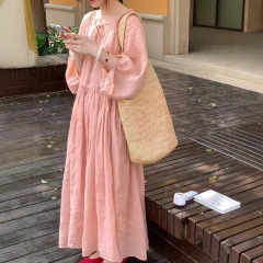 夏季新款简约文艺风宽松大码苎麻连衣裙温柔气质百搭显瘦系带长裙