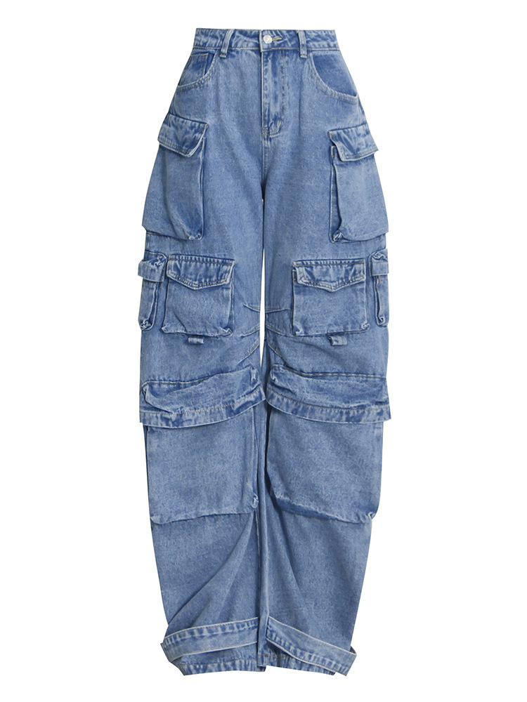 Pantalones de estilo de herramientas de moda 2025 verano nuevo estilo costura diseño de bolsillo de alta calidad cintura alta pantalones vaqueros delgados mujeres