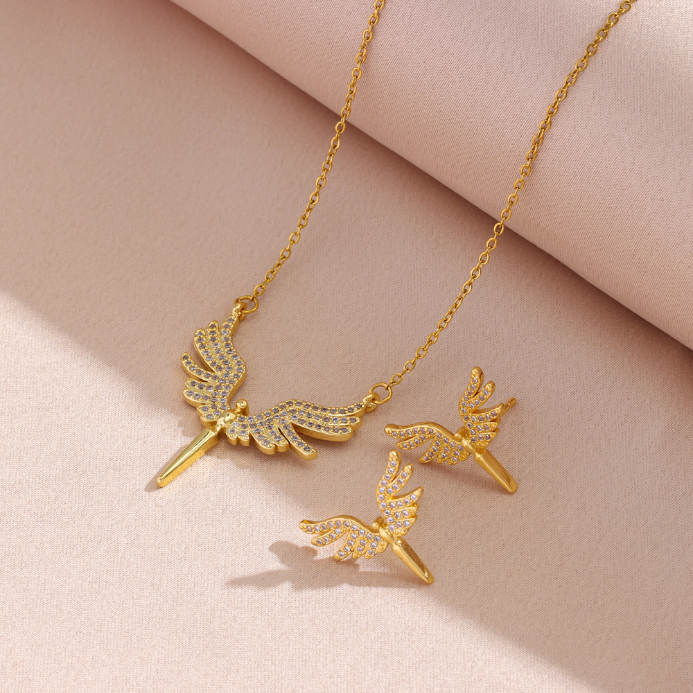 Popular micro-inlaid zirconium angel wings necklace stud earrings set_voghion.com