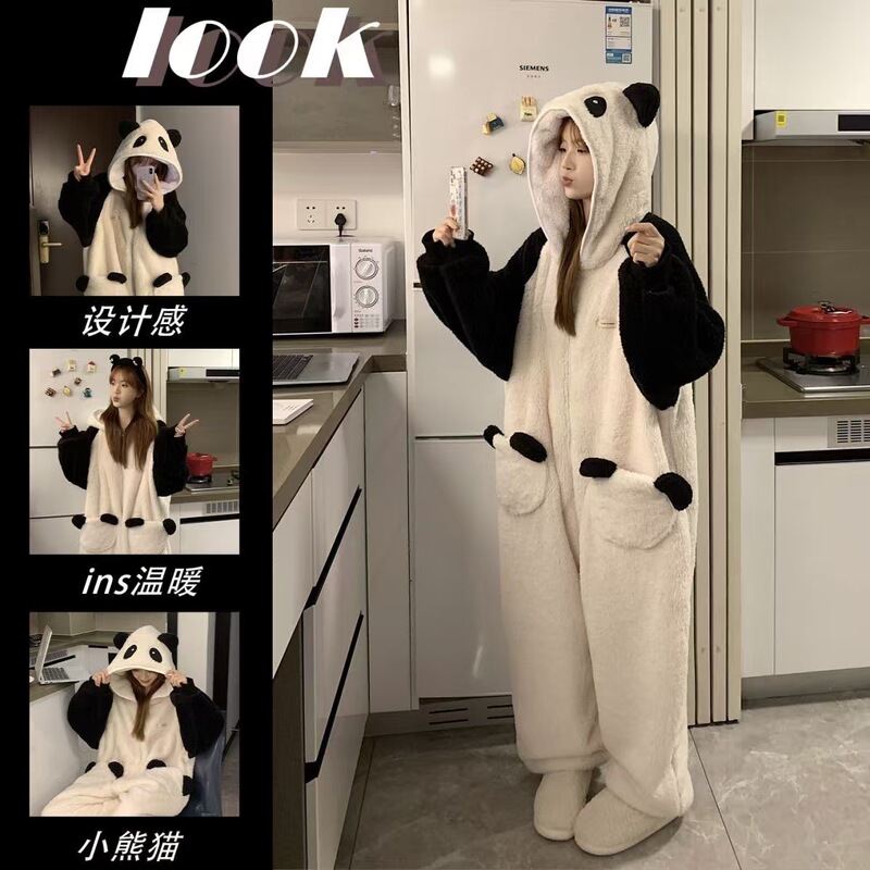 珊瑚绒2025新款加绒加厚连体睡衣女秋冬款可爱小熊猫家居服可外穿|undefined