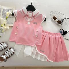 夏の女の子のスーツ新 2025 レースラペル大きなリボントッププリーツスカートプリンセスツーピーススーツ