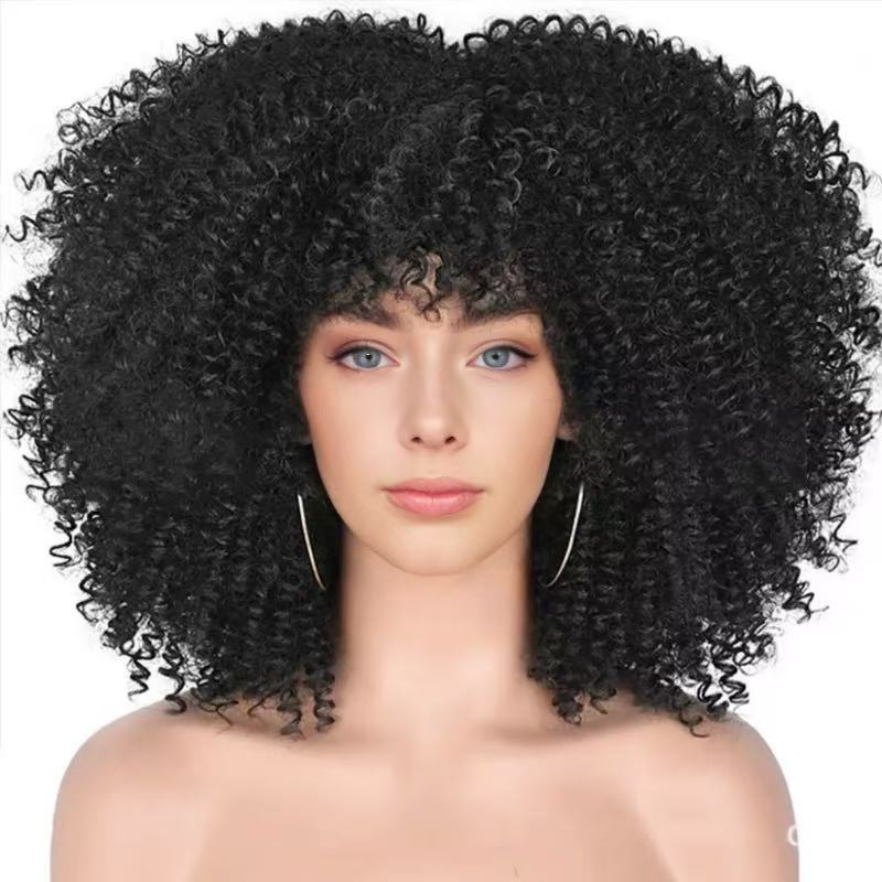 Damen-Afro-Perücke, klein, lockig, afrikanischer Stil, maschinell gefertigt, Kunstfaser, durchschnittliche Größe, glatte Textur, kurz, lang, mittellang_voghion.com
