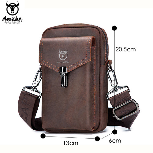 Captain Cow Leather Retro Crazy Horse Leather Mobile Phone Waist Bag Men's Genuine Leather Cowhide Belt Crossbody Waist Bag Small Pocket