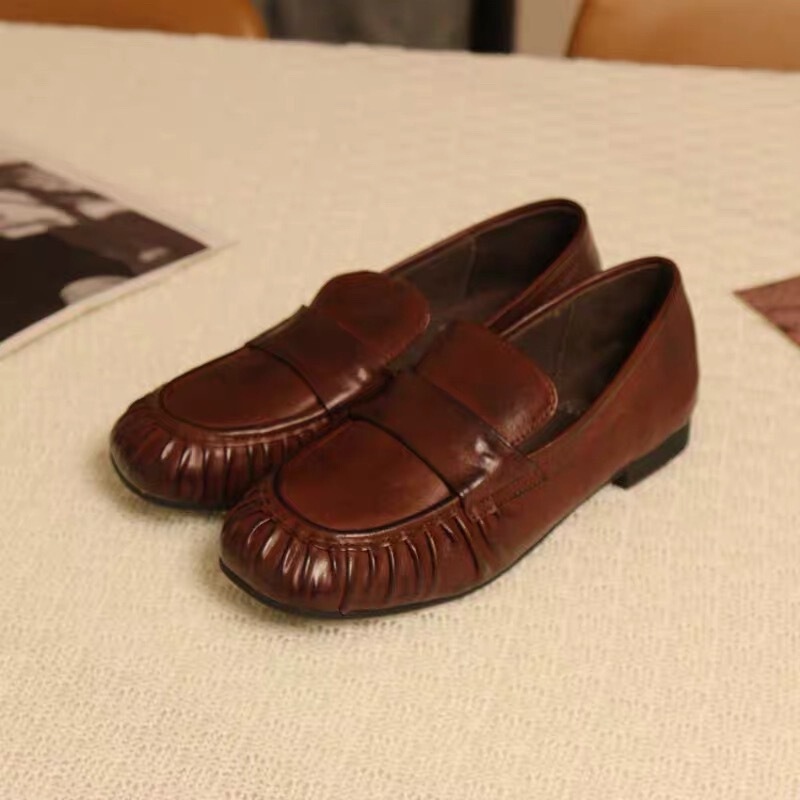 06-1 Round-toe, deep-cut, casual slip-on, pleated, flat-soled, low-heeled, lightweight, soft-soled, soft-surface women's shoes