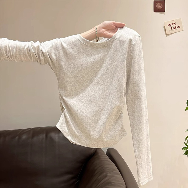 Cotton Waist-Cinching Pleated Long-Sleeve T-Shirt for Women, Spring and Autumn 2026 Winter New Style, Irregular Shoulder Top, Inner Layer Base Shirt for Women Cotton Waist-Cinching Pleated Long-Sleeve T-Shirt for Women, Spring and Autumn 2026 Winter New Style, Irregular Shoulder Top, Inner Layer Base Shirt for Women