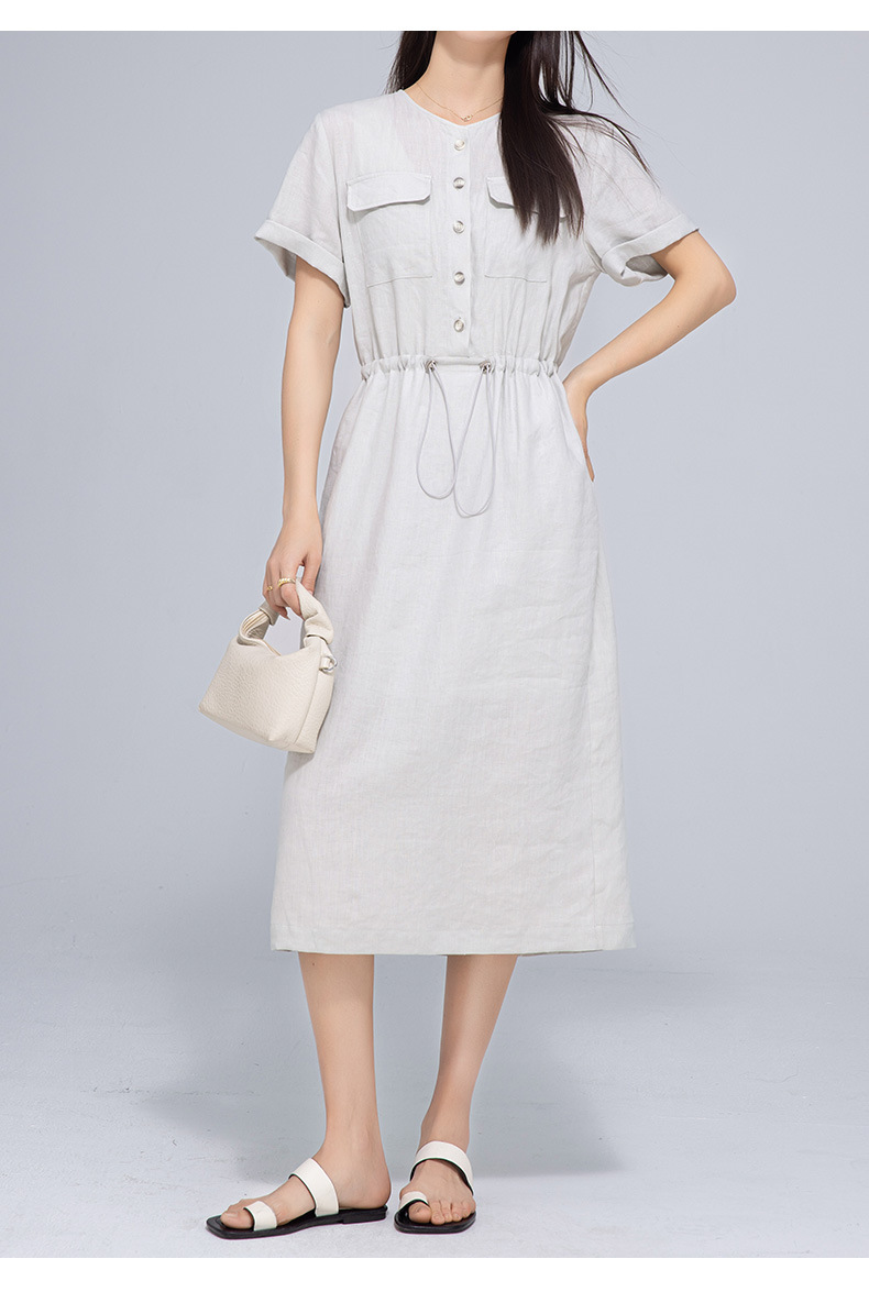 Váy maxi vải lanh nữ dáng rộng tay ngắn eo dây rút — Xanh ô liu chi tiết 6