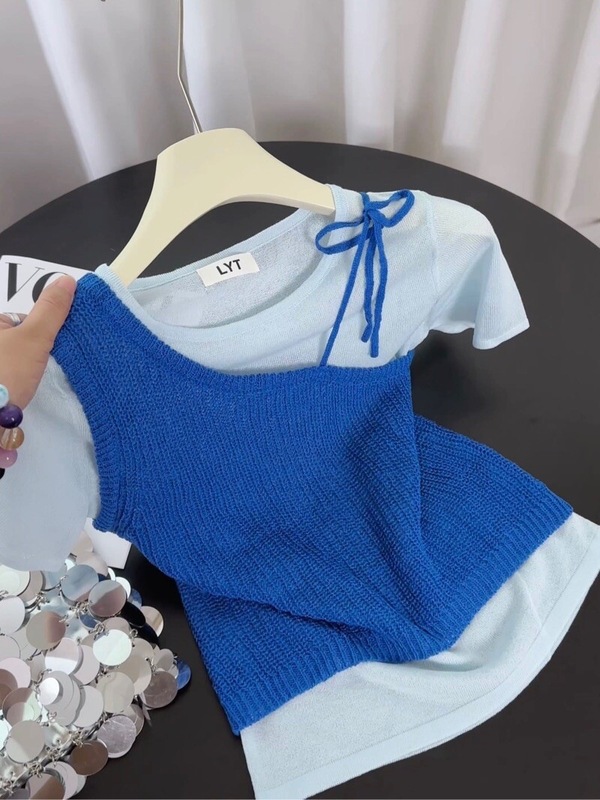 オリジナルデザイン！韓国オリジナルの新しい夏のニット半袖サスペンダーツーピースレイヤードトップ女性用|undefined