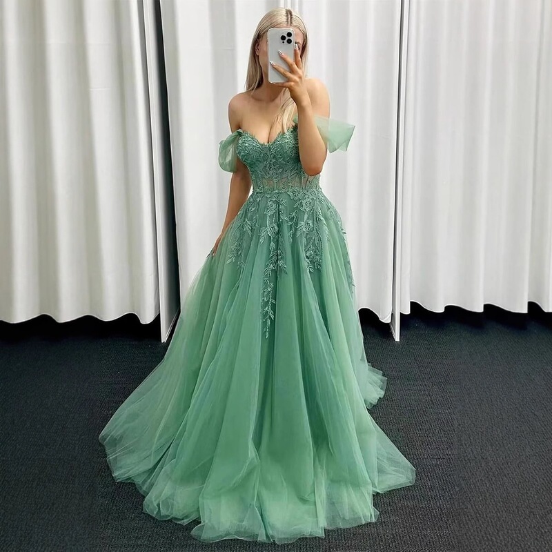 New European and American style evening dress, off-shoulder women's ball gown, long lace appliqué tulle formal party dress