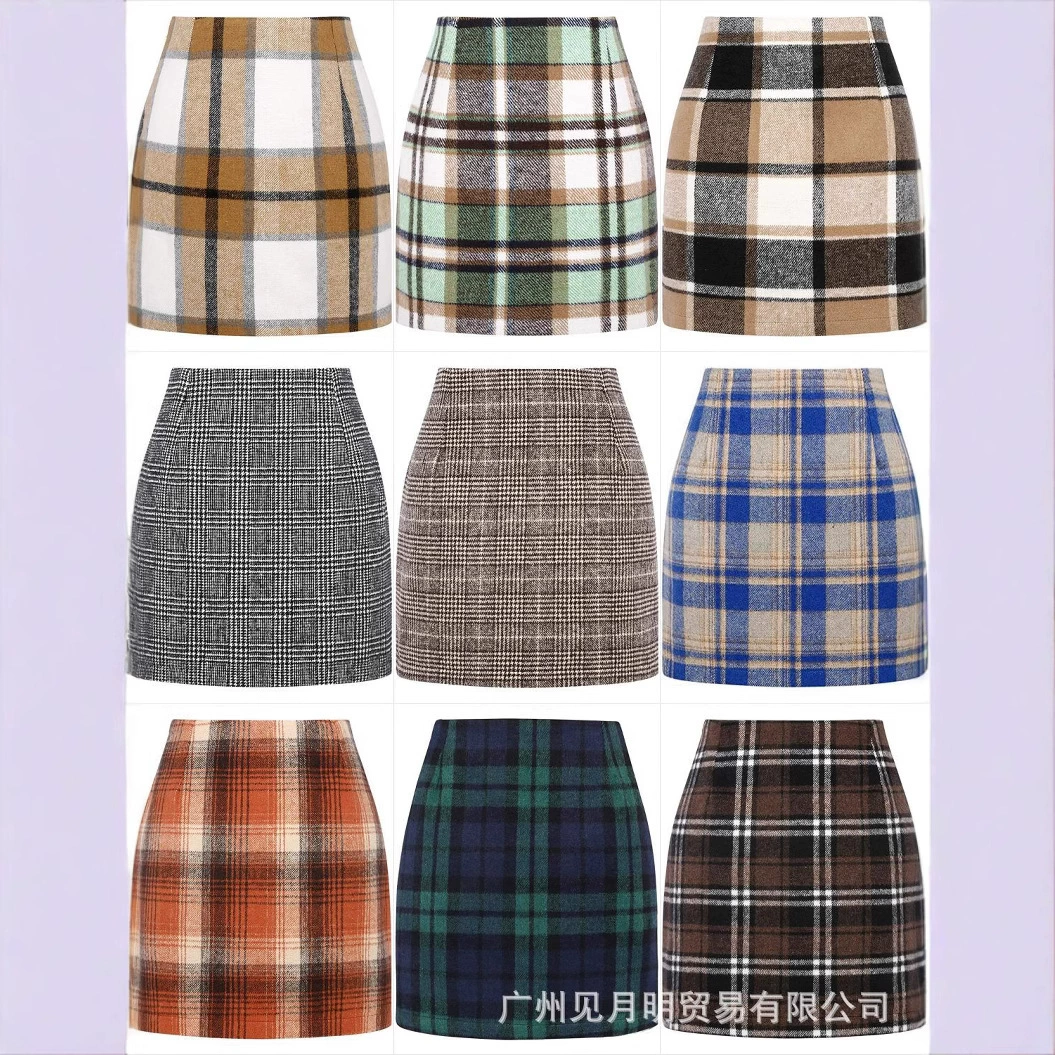 Автономная станция Amazon Горячие продажи трансграничные женские юбки с высокой талией в клетку облегающие карандаши шерстяные мини-юбки