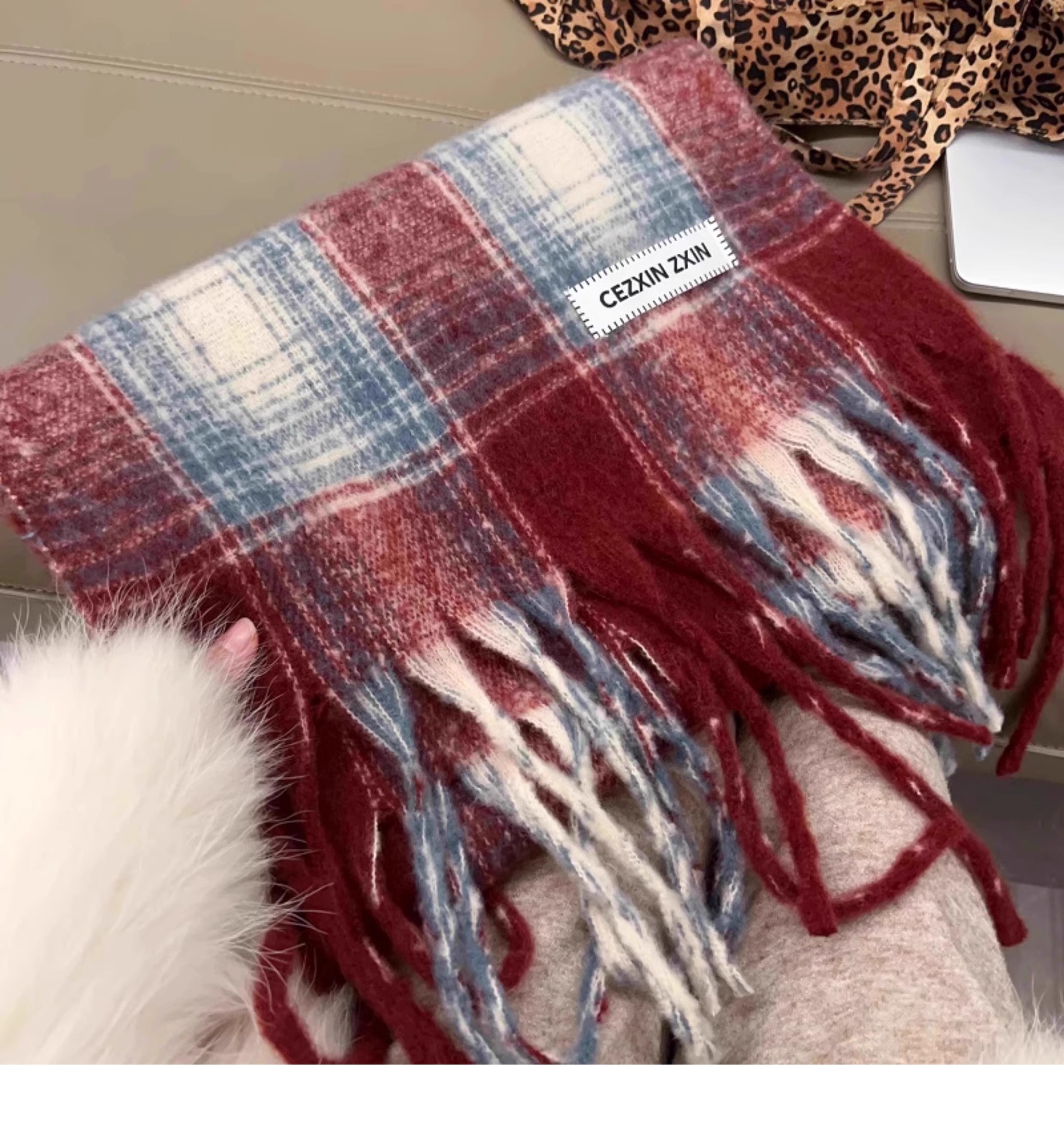 Bufanda a cuadros gris rosa para mujer chal suave y cálido_voghion.com
