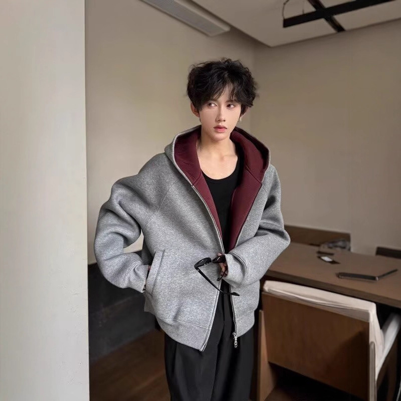 春秋季韩版简约休闲连帽开衫卫衣男士百搭宽松时尚高级感纯色外套